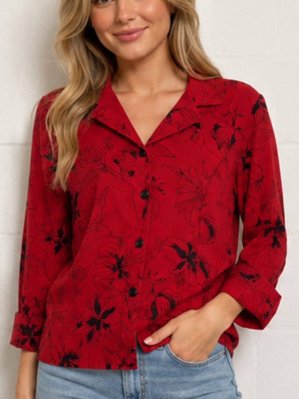 Dressbarn button up top black floral and red medium sparkling